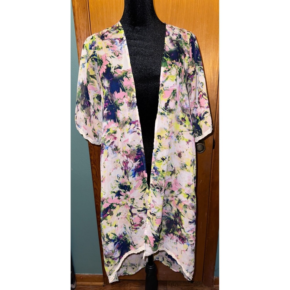 Chic‎ Happens Womens Floral Open Front Lace Trim Duster Kimono XS Multicolor